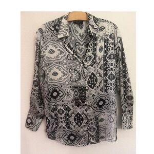 HAVER LONDON Black Paisley L/S Button Up Pleated Back Collared Blouse Top XS